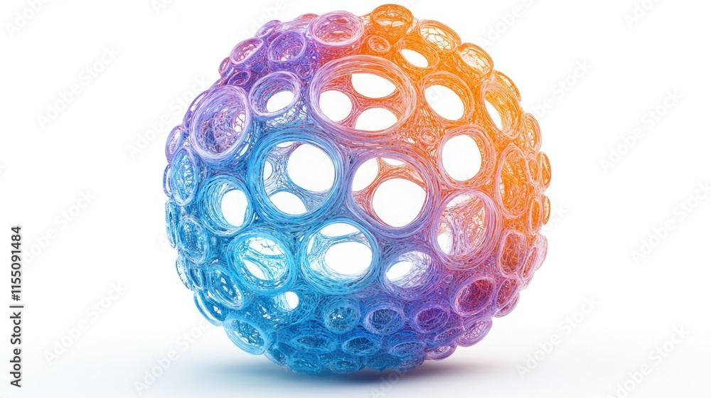 Abstract Sphere with Multicolored Circles in Gradient of Orange and Blue, Displaying Organic Forms and Intricate Patterns on a White Background Abstract Sphere with Multicolored Circles in Gradient of Orange and Blue, Displaying Organic Forms and Intricate Patterns on a White Background