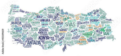 A colorful and modern typographic map design showcasing all the provinces of Turkey. Each province is highlighted by its name on the map.