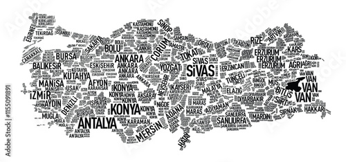 A colorful and modern typographic map design showcasing all the provinces of Turkey. Each province is highlighted by its name on the map.