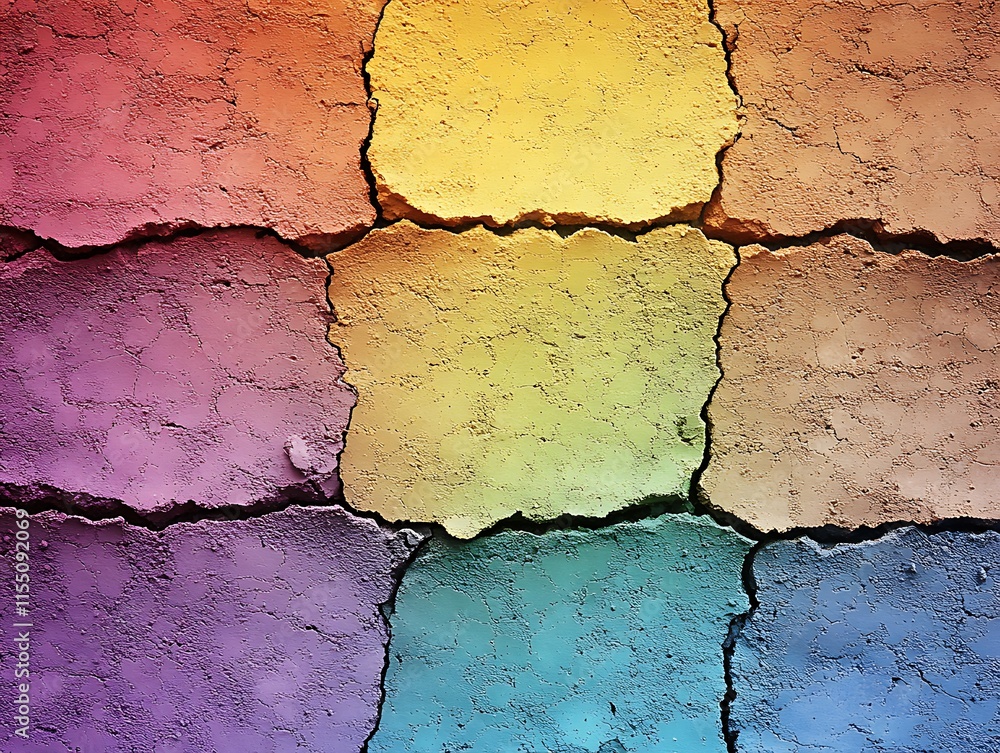 Fototapeta premium A cracked paint texture in a vibrant rainbow gradient, ideal for creative design. The image is sharply focused with high contrast, emphasizing the vivid colors and intricate cracks. Centrally 