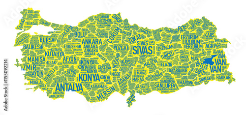 A colorful and modern typographic map design showcasing all the provinces of Turkey. Each province is highlighted by its name on the map.