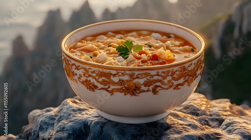 A vibrant bowl of Tom Kha soup sits atop a rocky ledge, bathed in warm light, evoking comfort and serenity amidst nature. photo