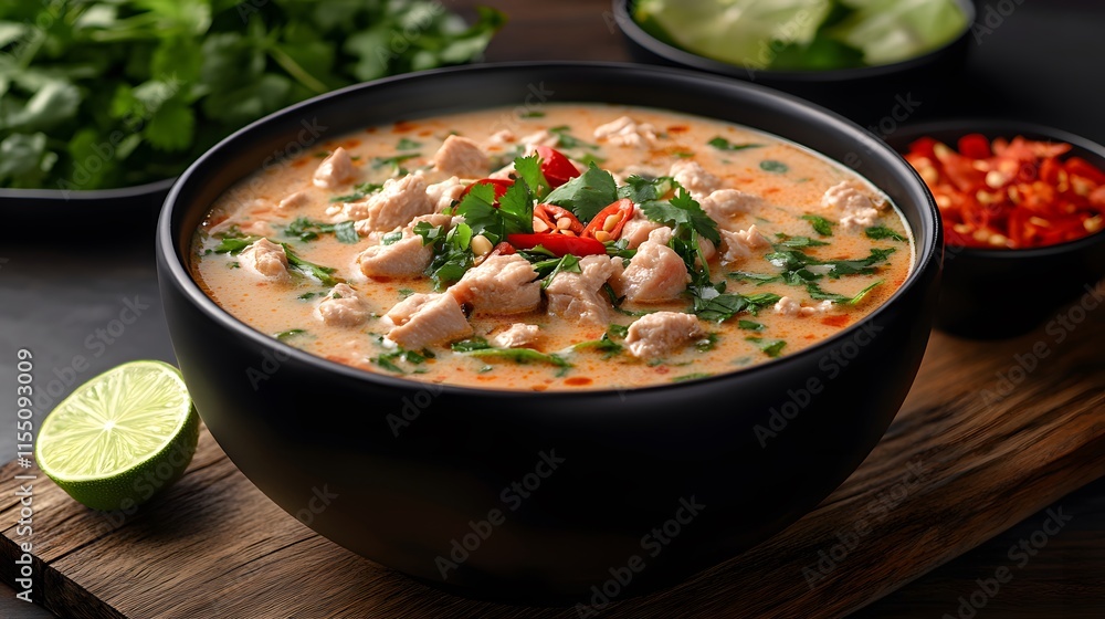 A vibrant bowl of Tom Kha soup, showcasing tender chicken, fresh herbs, and bright red chili, evoking warmth and comfort. A vibrant bowl of Tom Kha soup, showcasing tender chicken, fresh herbs, and bright red chili, evoking warmth and comfort.