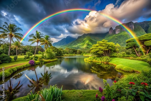 Hawaiian Botanical Garden Rainbow, Serene Landscape, Kaneohe photo