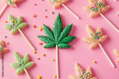Vibrant cannabis leaf-shaped lollipops with colorful sprinkles on pink pastel background. Edible concept, fun design, sweet treat advertising.