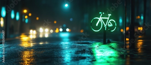 Night Cityscape: Neon Bicycle Reflection on Wet Pavement