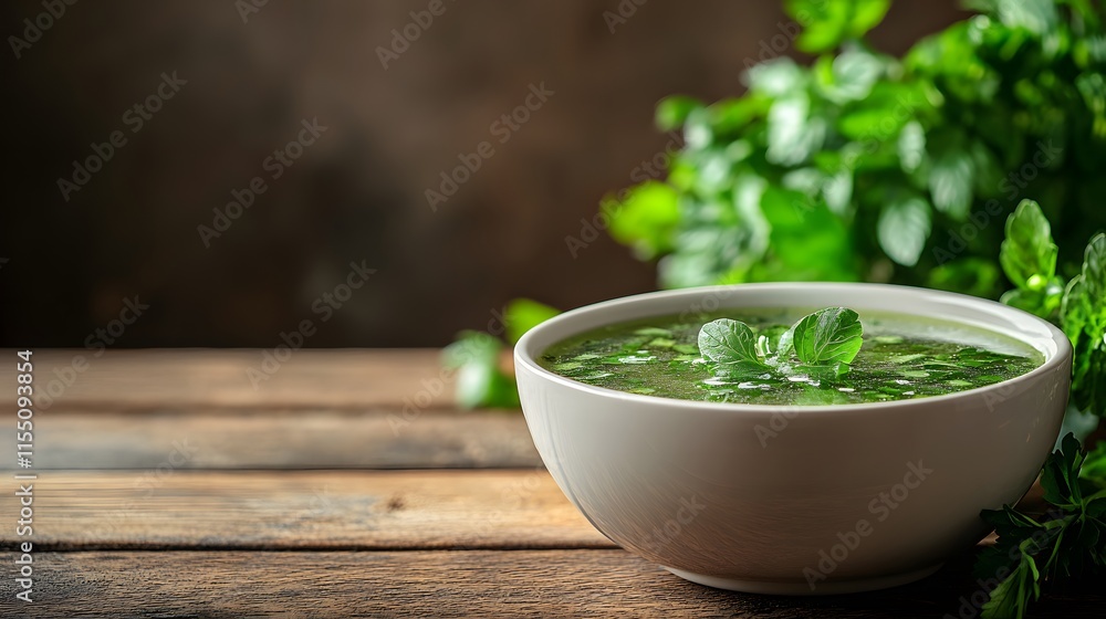 A bowl of Tom Kha soup sits invitingly on a rustic wooden table, surrounded by fresh herbs, evoking warmth and comfort. A bowl of Tom Kha soup sits invitingly on a rustic wooden table, surrounded by fresh herbs, evoking warmth and comfort.