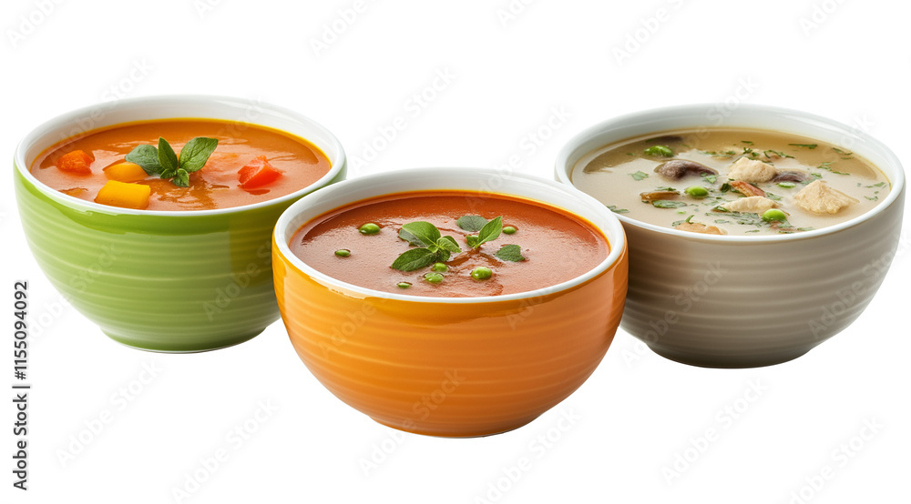 Set of different fresh homemade soups on png transparent background Set of different fresh homemade soups on png transparent background