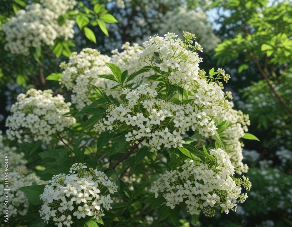 Elderberry bush in full bloom with delicate white flowers and green leaves, springtime, plant life, outdoor decor Elderberry bush in full bloom with delicate white flowers and green leaves, springtime, plant life, outdoor decor