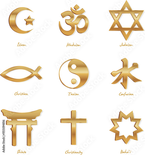 Minimalist design of religious symbols with a golden effect. Represents various faiths, including Islam, Hinduism, Judaism, Christianity, Taoism, Confucianism, Shinto, and Bahá'í, in an elegant style
