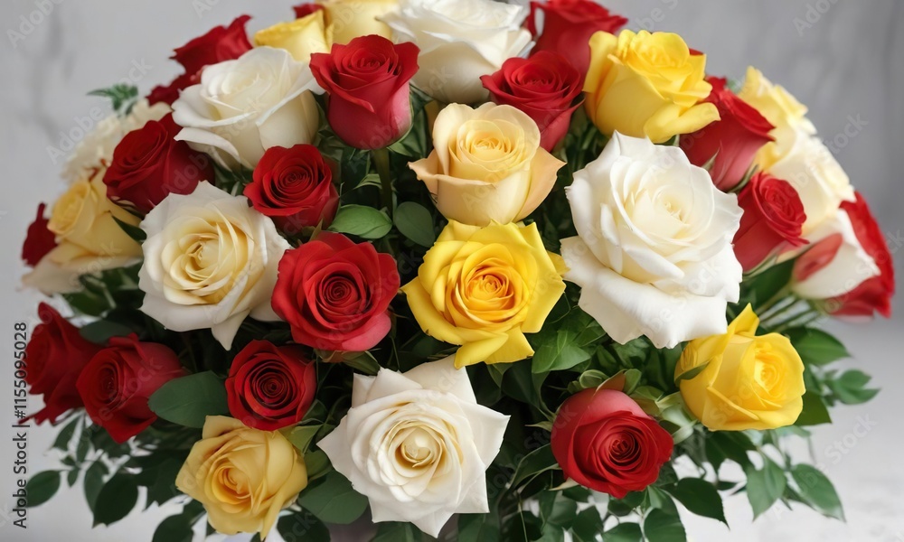 Elegant floral arrangement composed of red, yellow and white roses, yellow flowers, Elegant floral arrangement composed of red, yellow and white roses, yellow flowers,