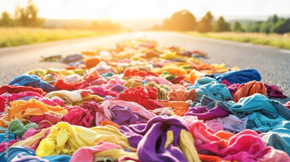 Fototapeta premium Colorful Fabric Waste Spreading on Rural Road