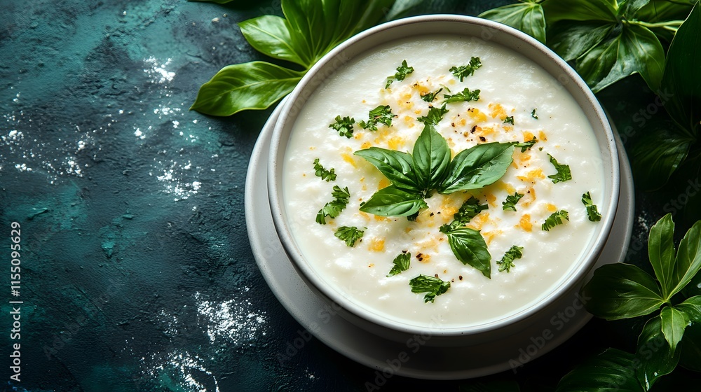 A creamy bowl of Tom Kha soup garnished with fresh herbs, evoking warmth and comfort, surrounded by vibrant greenery. A creamy bowl of Tom Kha soup garnished with fresh herbs, evoking warmth and comfort, surrounded by vibrant greenery.