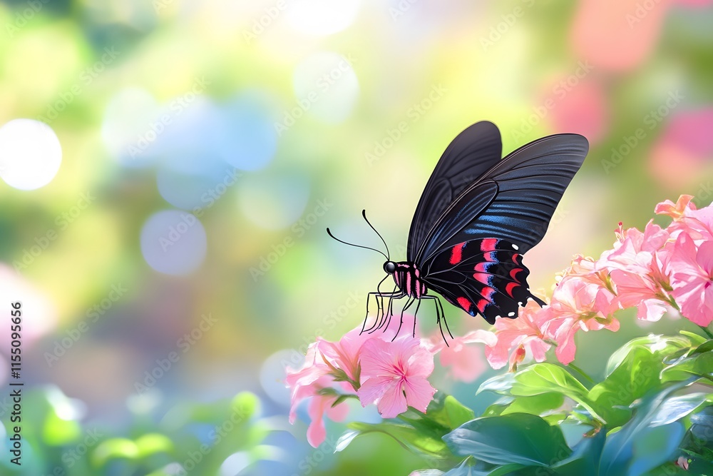 Fototapeta premium Watercolor Blue Butterfly Clipart, watercolor style, blur background, pink flowers around the butterfly, pastel colors