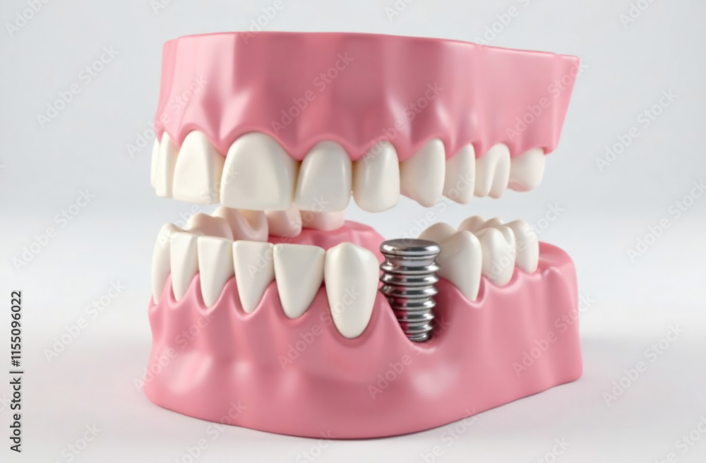 © Natallia - A 3D illustration of a dental model showing upper and lower jaws with metal implants replacing missing teeth. Realistic textures highlight the precision of dental implantology, ideal for education and