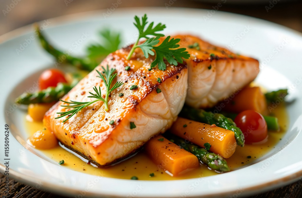 Elegant Dining: Fresh Salmon with Colorful Vegetables on a Fine Plate
Elegant Dining: Fresh Salmon with Colorful Vegetables on a Fine Plate