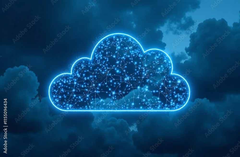 A cloud-shaped digital circuit glows brightly against dark storm clouds, symbolizing cloud storage and data technology. The glowing circuit represents digital data flow, emphasizing innovation A cloud-shaped digital circuit glows brightly against dark storm clouds, symbolizing cloud storage and data technology. The glowing circuit represents digital data flow, emphasizing innovation