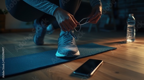 Close-up shot of her hands tying her running shoes, with a yoga mat lying next to her on the wooden floor. A water bottle and cinematic are placed nearby