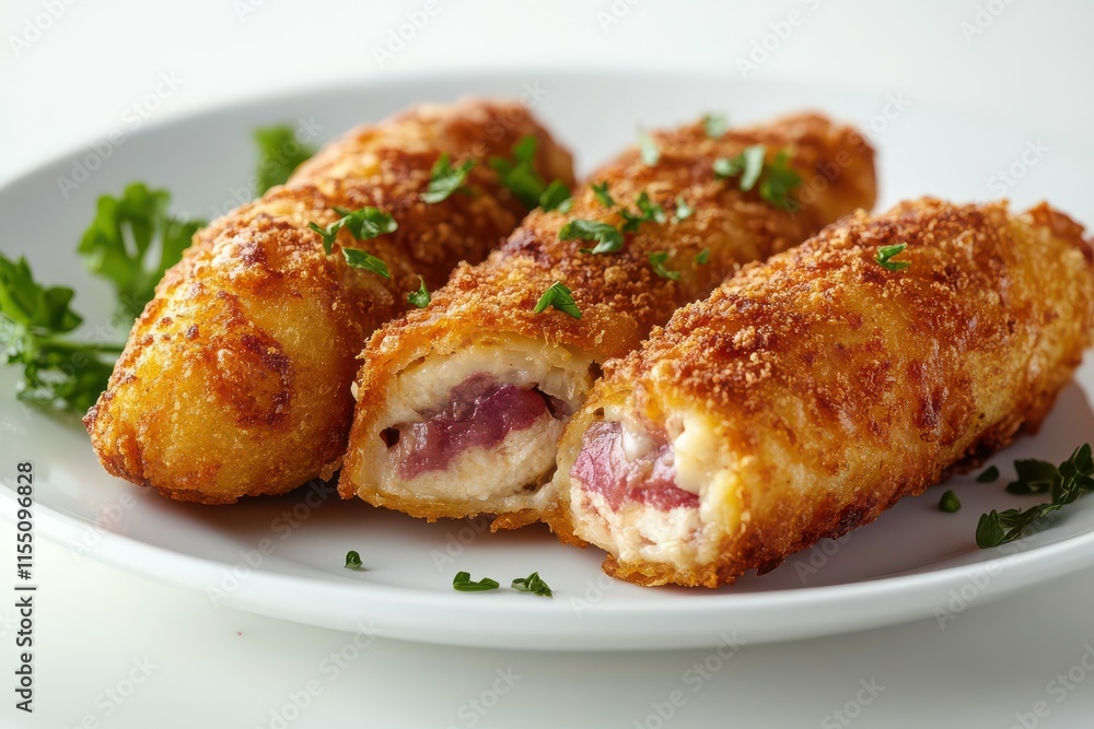 Crispy Fried Rolled Chicken Breast with Cheese and Ham. Crispy Fried Rolled Chicken Breast with Cheese and Ham.