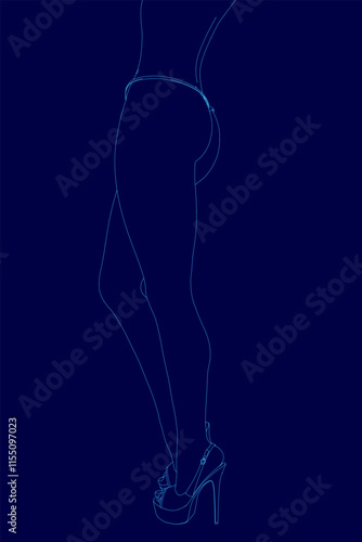 Woman's legs are shown in blue with a blue outline. The legs are shown in a stylized way, with the feet and toes visible. The image has a futuristic or digital feel to it, with the blue