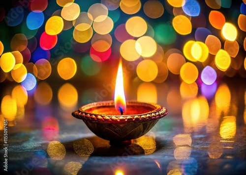 Bokeh-filled diya lamp, dark backdrop, Indian festival architecture. photo