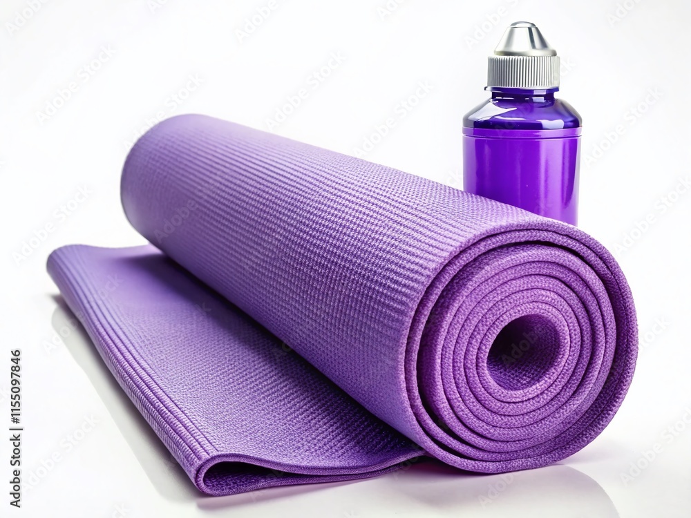Purple yoga mat, white background. Water bottle, rule of thirds composition. Purple yoga mat, white background. Water bottle, rule of thirds composition.