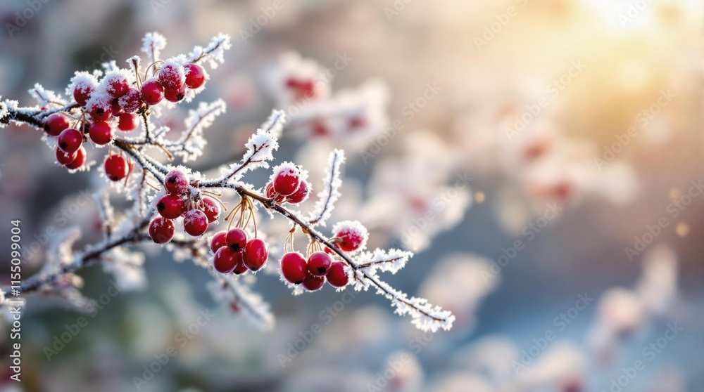 Frosty red berry background with glowing sunlight for festive invitations, seasonal greeting cards, and nature-inspired designs Frosty red berry background with glowing sunlight for festive invitations, seasonal greeting cards, and nature-inspired designs