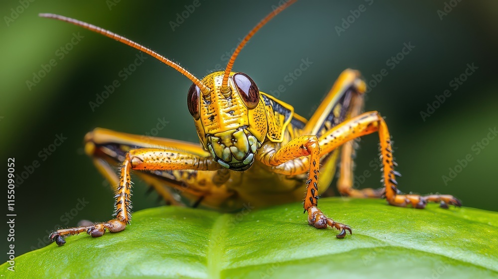 Vibrant Yellow Grasshopper Close-Up on Green Leaf Vibrant Yellow Grasshopper Close-Up on Green Leaf