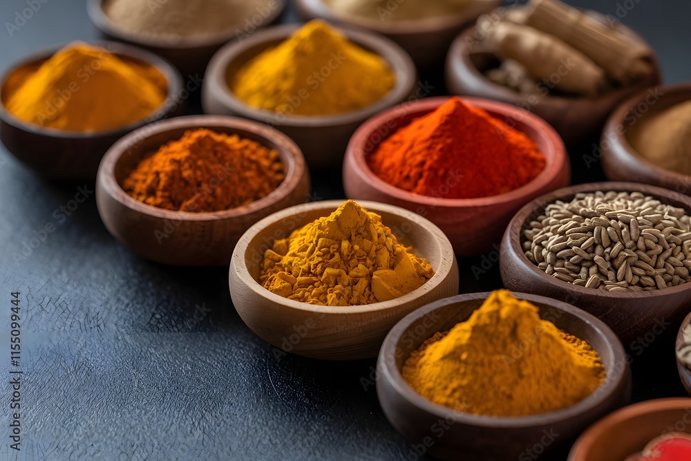 Assortment of Spices and Seeds in Wooden Bowls. Assortment of Spices and Seeds in Wooden Bowls.