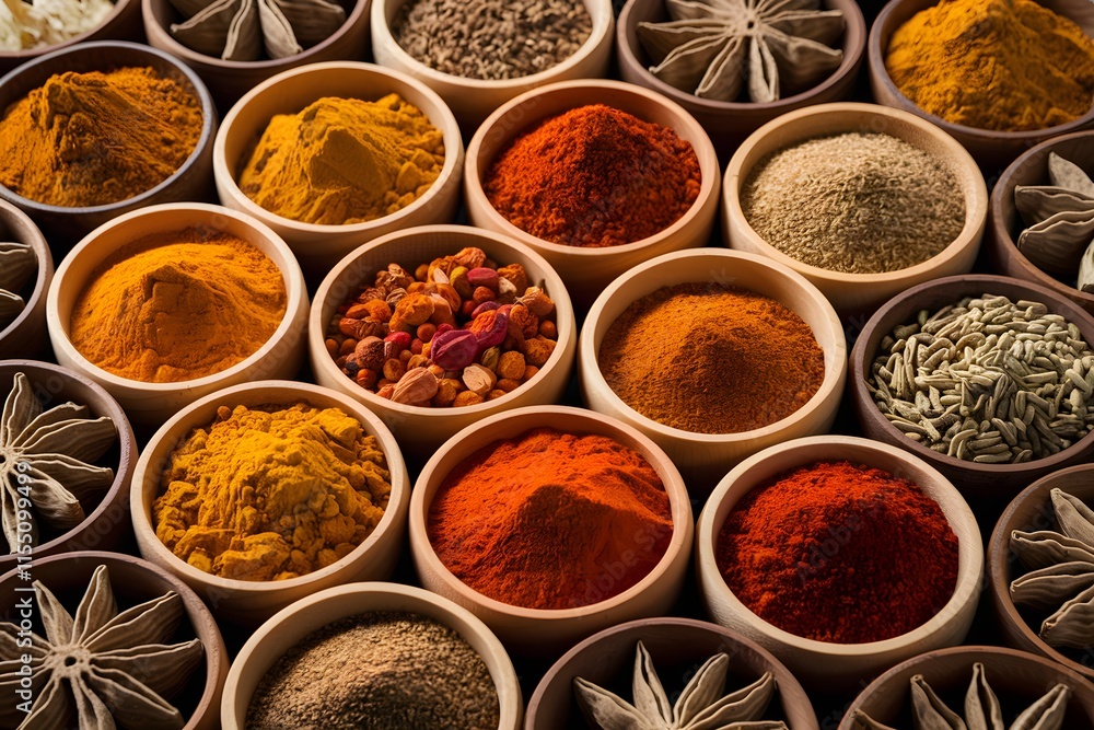 Assortment of Spices and Seeds in Wooden Bowls. Assortment of Spices and Seeds in Wooden Bowls.