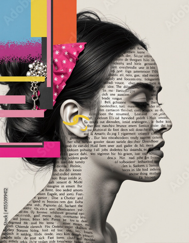 A woman's face is made up of words from a book. The book is titled 