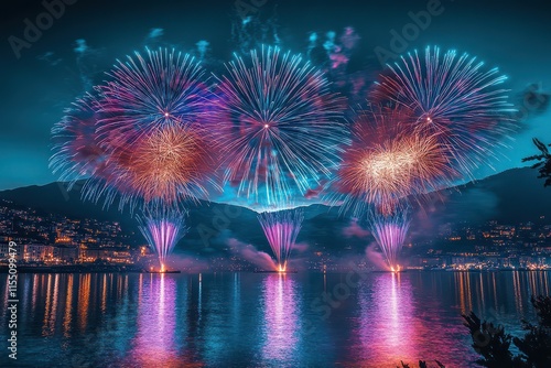 Vibrant Fireworks Display Over Cityscape at Night photo