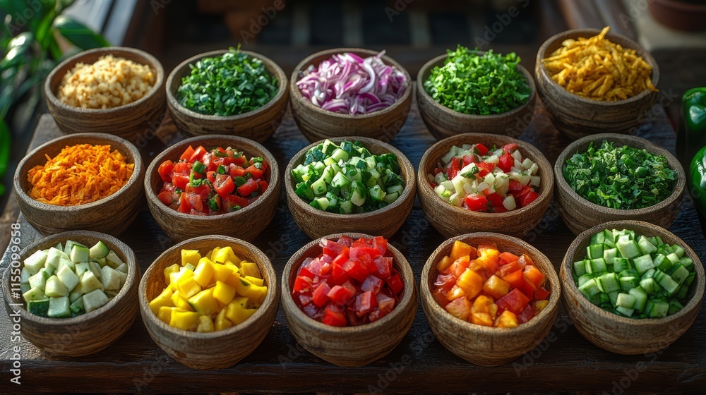 Fototapeta premium Charming bowls of fresh vegetables and herbs create a lovely display