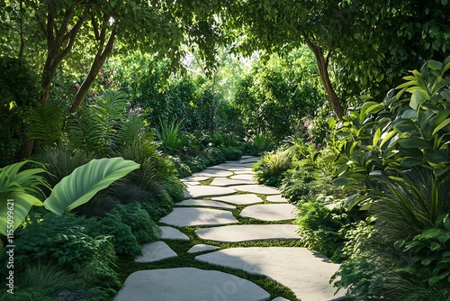 Stone pathway in the garden. Beautiful summer landscape with green grass. photo