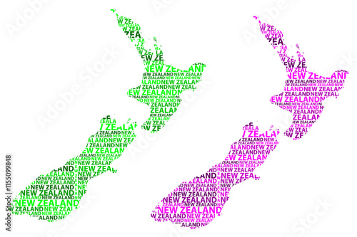 Sketch New Zealand letter text map, New Zealand - in the shape of the continent, Map New Zealand - green and purple vector illustration