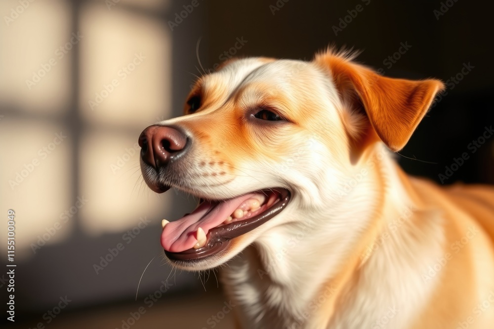 A cheerful dog yawns widely, relaxing comfortably in a warm indoor space filled with soft afternoon light, showcasing its playful personality
