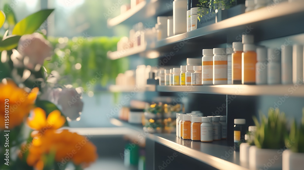 Fototapeta premium A row of medicine bottles on a shelf in a pharmacy