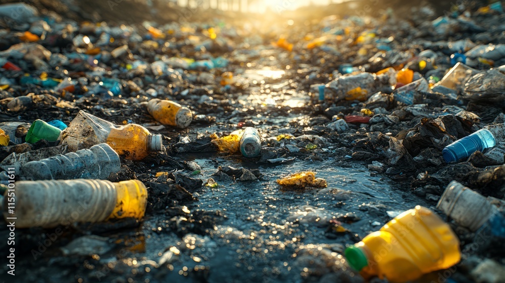 Obraz premium Plastic debris litters the bank of a river, reflecting light at sunset