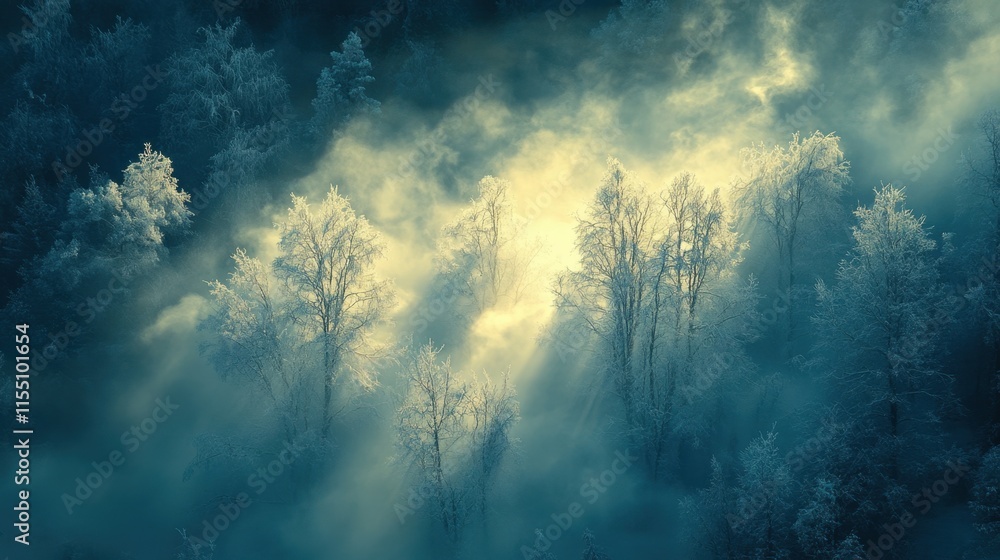Fototapeta premium Ethereal mist envelops frost-covered trees.