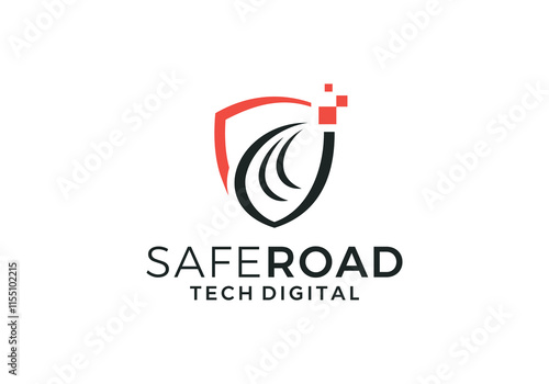 shield and road street digital technology logo design vector concept