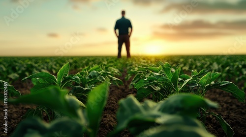 As you sow, So You reap Concept, Proud Farmer Standing in Vibrant Green Crop Field Under Serene Sunrise Sky