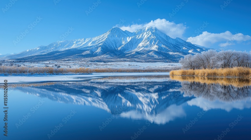 Naklejka premium Snowy mountain reflecting in calm blue lake.