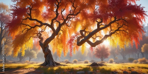 Majestic willow tree with vibrant multicolored leaves shimmering in the sunlight , branches, foliage, kaleidoscopic photo