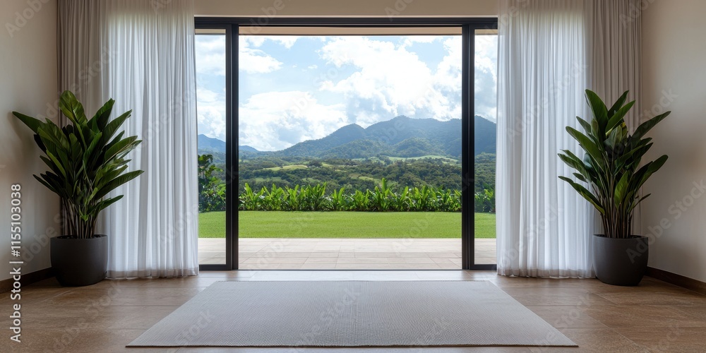 Fototapeta premium Mindful living and wellness spirituality concept. Modern interior yoga space with mountain view through large sliding doors and plants.