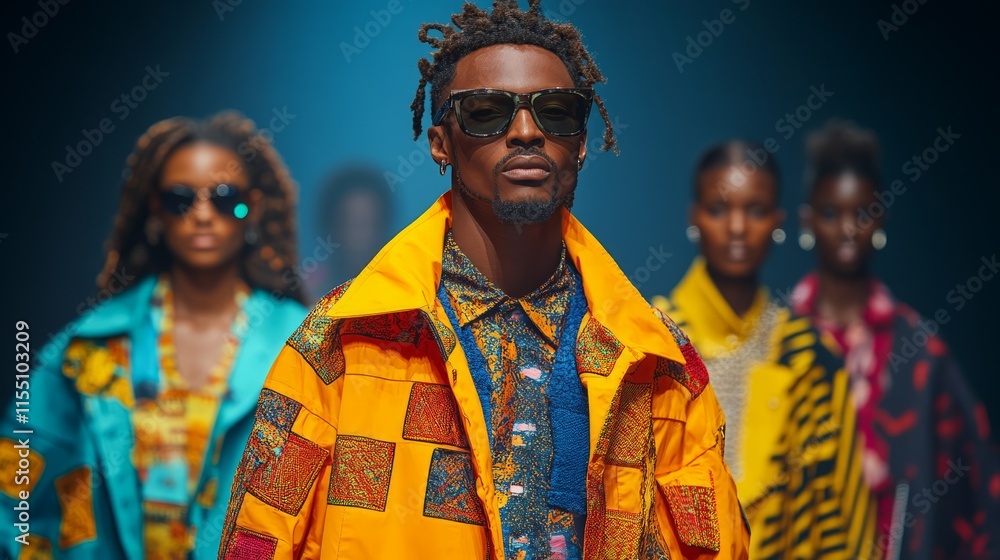 Fototapeta premium Models showcase vibrant outfits with unique patterns on the runway