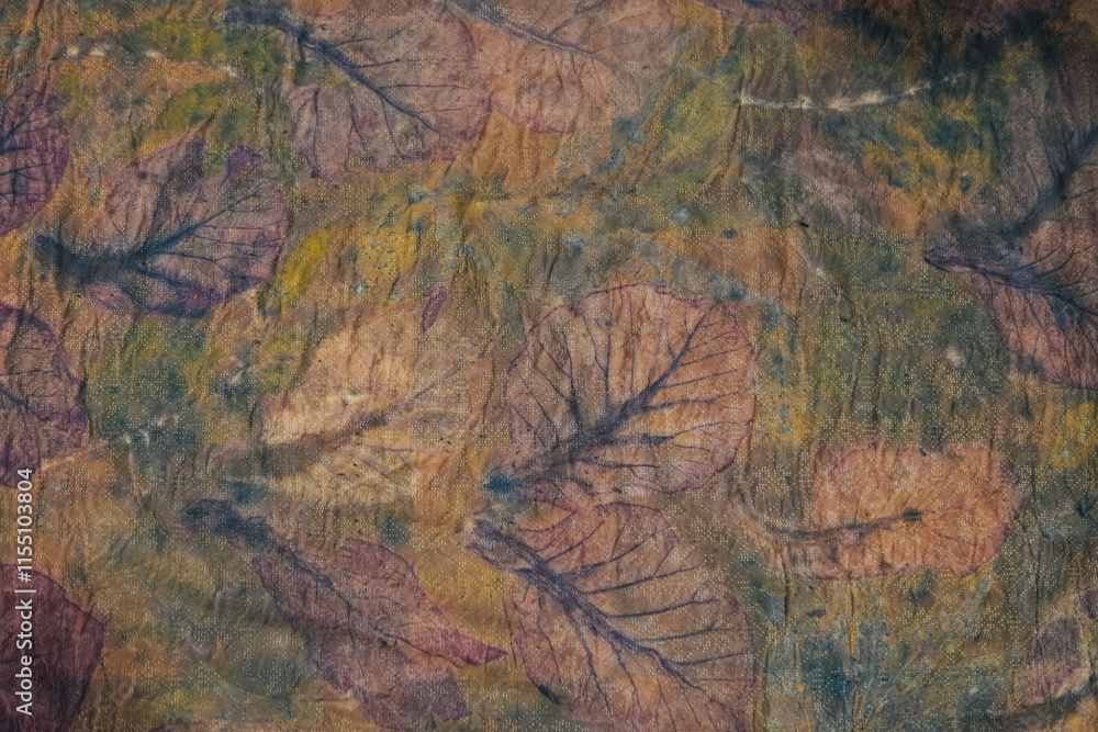 Close up of an eco print patterned fabric or clothes using leaf with brown color. Close up of an eco print patterned fabric or clothes using leaf with brown color.