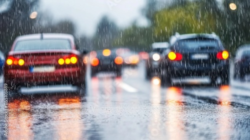 Rainy Day Traffic in a Cloudy City Scene