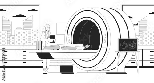 MRI scan patient black and white line illustration. Radiologist supervising man lying for xray brain 2D characters monochrome. Diagnosis CT. Scanner magnetic resonance imaging outline vector image
