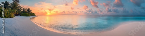 A wide shot of a Maldivian sandbank glowing under a fiery sunset. with the calm ocean blending seamlessly into the golden horizon. in 4K resolution