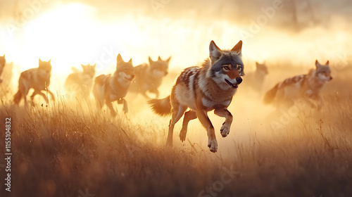 Wallpaper Mural vibrant scene of pack of coyotes running through golden grass at sunset, showcasing their agility and wild spirit Torontodigital.ca